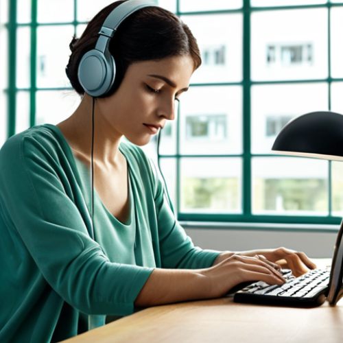 **

A clean and organized desk bathed in natural light. Include calming blue and green tones in the office décor. A person is working peacefully, wearing noise-canceling headphones, seemingly undisturbed. The overall impression is one of focus and tranquility.

**