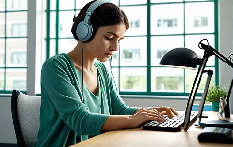 **

A clean and organized desk bathed in natural light. Include calming blue and green tones in the office décor. A person is working peacefully, wearing noise-canceling headphones, seemingly undisturbed. The overall impression is one of focus and tranquility.

**