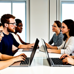 A diverse group of individuals, some physically together around a table with laptops, intensely discussing and brainstorming. Others are seen simultaneously on the laptop screens, participating in online forums or virtual meetups, symbolizing remote connection. The atmosphere is vibrant, supportive, and conducive to accelerated learning, with subtle visual cues of knowledge sharing and community building. Bright, modern indoor setting with natural light, focusing on the synergy of human connection and digital interaction. Professional, inspiring, and collaborative.