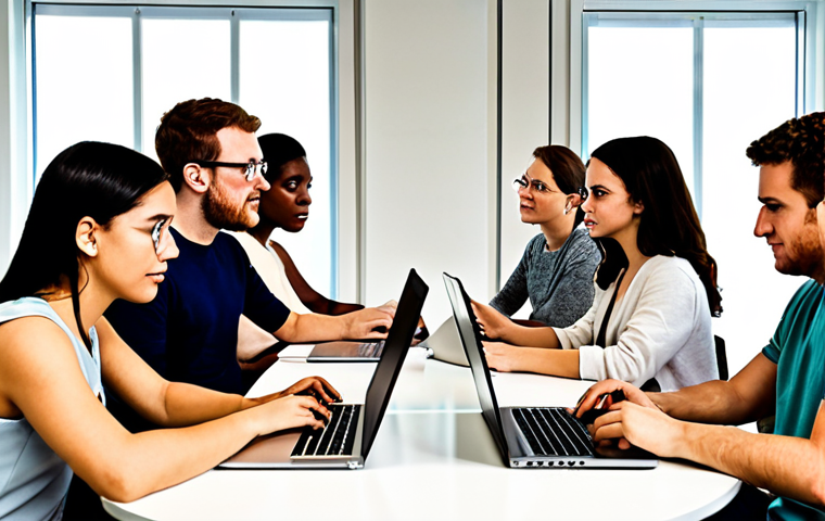 A diverse group of individuals, some physically together around a table with laptops, intensely discussing and brainstorming. Others are seen simultaneously on the laptop screens, participating in online forums or virtual meetups, symbolizing remote connection. The atmosphere is vibrant, supportive, and conducive to accelerated learning, with subtle visual cues of knowledge sharing and community building. Bright, modern indoor setting with natural light, focusing on the synergy of human connection and digital interaction. Professional, inspiring, and collaborative.