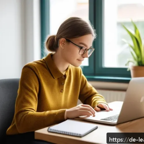 Home 30 자기 주도 학습의 기본 원리 탐구 - A modern German home office setup featuring a young adult learner seated at a tidy desk with a lapto...