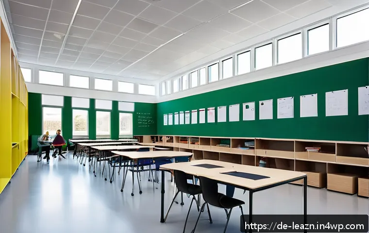 자기 주도 학습의 실제 적용 사례 - A modern flexible classroom in a German school featuring movable desks and colorful seating islands ...